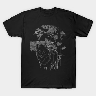 "Wolf and Raven Friends" Dark Lineart with Tree T-Shirt